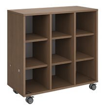 Load image into Gallery viewer, Mobile classroom storage with a three-column, all-cubby configuration, customizable laminate finishes, optional doors, and durable casters.