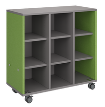 Load image into Gallery viewer, Mobile classroom storage with a three-column, all-cubby configuration, customizable laminate finishes, optional doors, and durable casters.