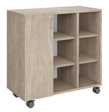 Load image into Gallery viewer, Mobile classroom storage with a three-column, all-cubby configuration, customizable laminate finishes, optional doors, and durable casters.