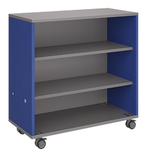 Load image into Gallery viewer, Mobile classroom storage with a three-column, all-shelf configuration, customizable laminate finishes, optional doors, and durable casters for flexible storage.