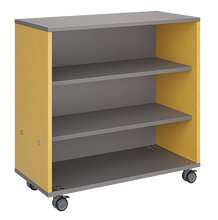Load image into Gallery viewer, Mobile classroom storage with a three-column, all-shelf configuration, customizable laminate finishes, optional doors, and durable casters for flexible storage.