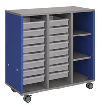 Load image into Gallery viewer, Mobile classroom storage featuring two tray columns and one cubby column, customizable finishes, optional doors, and locking casters for mobility.