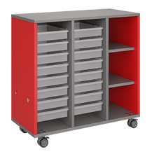 Load image into Gallery viewer, Mobile classroom storage featuring two tray columns and one cubby column, customizable finishes, optional doors, and locking casters for mobility.