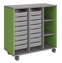 Load image into Gallery viewer, Mobile classroom storage featuring two tray columns and one cubby column, customizable finishes, optional doors, and locking casters for mobility.
