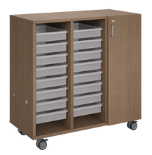 Load image into Gallery viewer, Mobile classroom storage featuring two tray columns and one cubby column, customizable finishes, optional doors, and locking casters for mobility.