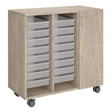 Load image into Gallery viewer, Mobile classroom storage featuring two tray columns and one cubby column, customizable finishes, optional doors, and locking casters for mobility.