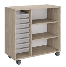 Load image into Gallery viewer, Mobile classroom rolling storage with one tray column and one shelf column for organized classroom materials.