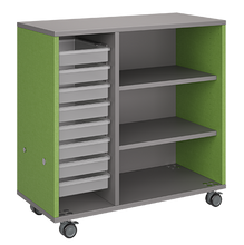 Load image into Gallery viewer, Mobile classroom rolling storage with one tray column and one shelf column for organized classroom materials.