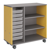 Load image into Gallery viewer, Mobile classroom rolling storage with one tray column and one shelf column for organized classroom materials.