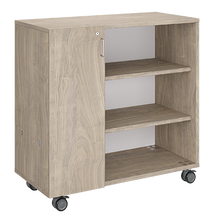 Load image into Gallery viewer, Mobile classroom rolling storage with one tray column and one shelf column for organized classroom materials.
