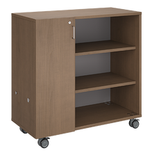 Load image into Gallery viewer, Mobile classroom rolling storage with one tray column and one shelf column for organized classroom materials.