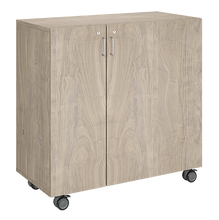 Load image into Gallery viewer, Mobile classroom rolling storage with one tray column and one shelf column for organized classroom materials.