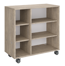 Load image into Gallery viewer, Mobile classroom rolling storage cabinet with one cubby column and one shelf column for organized classroom materials.