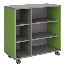 Load image into Gallery viewer, Mobile classroom rolling storage cabinet with one cubby column and one shelf column for organized classroom materials.