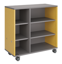 Load image into Gallery viewer, Mobile classroom rolling storage cabinet with one cubby column and one shelf column for organized classroom materials.