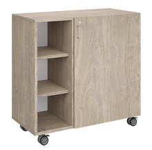 Load image into Gallery viewer, Mobile classroom rolling storage cabinet with one cubby column and one shelf column for organized classroom materials.