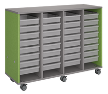 Load image into Gallery viewer, Mobile classroom storage cabinet with four-column tray system, customizable laminate finishes, optional doors, and rolling casters for organized, flexible learning spaces.