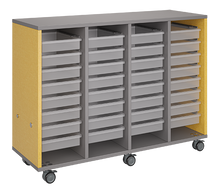 Load image into Gallery viewer, Mobile classroom storage cabinet with four-column tray system, customizable laminate finishes, optional doors, and rolling casters for organized, flexible learning spaces.