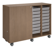 Load image into Gallery viewer, Mobile classroom storage cabinet with four-column tray system, customizable laminate finishes, optional doors, and rolling casters for organized, flexible learning spaces.