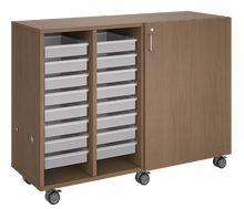 Load image into Gallery viewer, Rolling storage unit with trays and cubbies, customizable laminate finishes, optional doors, and rolling casters for organized, flexible classroom storage.
