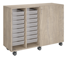 Load image into Gallery viewer, Mobile classroom storage cabinet with four-column tray system, customizable laminate finishes, optional doors, and rolling casters for organized, flexible learning spaces.