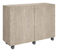Load image into Gallery viewer, Mobile classroom storage cabinet with four-column tray system, customizable laminate finishes, optional doors, and rolling casters for organized, flexible learning spaces.