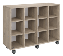 Load image into Gallery viewer, Rolling storage unit with four-column all-cubby design, customizable laminate finishes, optional doors, and durable casters.