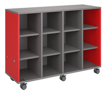 Load image into Gallery viewer, Rolling storage unit with four-column all-cubby design, customizable laminate finishes, optional doors, and durable casters.