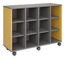 Load image into Gallery viewer, Rolling storage unit with four-column all-cubby design, customizable laminate finishes, optional doors, and durable casters.
