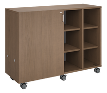 Load image into Gallery viewer, Rolling storage unit with four-column all-cubby design, customizable laminate finishes, optional doors, and durable casters.