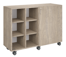 Load image into Gallery viewer, Rolling storage unit with four-column all-cubby design, customizable laminate finishes, optional doors, and durable casters.