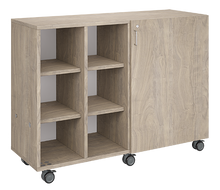 Load image into Gallery viewer, Mobile classroom storage with two columns of cubbies and one column of shelves, customizable laminate finishes, optional doors, and durable casters.