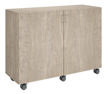 Load image into Gallery viewer, Rolling storage unit with two-columns, customizable laminate finishes, optional doors, and durable casters.