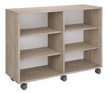 Load image into Gallery viewer, Rolling storage unit with two-column, all-shelf design, customizable laminate finishes, optional doors, and durable casters.