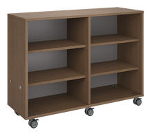 Load image into Gallery viewer, Rolling storage unit with two-column, all-shelf design, customizable laminate finishes, optional doors, and durable casters.