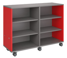 Load image into Gallery viewer, Rolling storage unit with two-column, all-shelf design, customizable laminate finishes, optional doors, and durable casters.