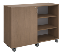 Load image into Gallery viewer, Rolling storage unit with two-column, all-shelf design, customizable laminate finishes, optional doors, and durable casters.