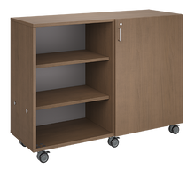 Load image into Gallery viewer, Rolling storage unit with two-column, all-shelf design, customizable laminate finishes, optional doors, and durable casters.