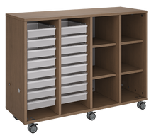 Load image into Gallery viewer, Rolling storage unit with trays and cubbies, customizable laminate finishes, optional doors, and rolling casters for organized, flexible classroom storage.