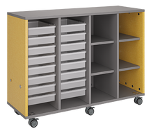 Load image into Gallery viewer, Rolling storage unit with trays and cubbies, customizable laminate finishes, optional doors, and rolling casters for organized, flexible classroom storage.