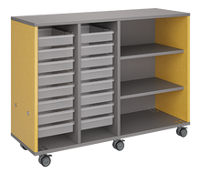 Load image into Gallery viewer, Rolling classroom storage with two columns of totes and one column of shelves, customizable laminate finishes, optional doors, and locking casters for flexible organization.