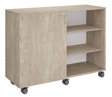 Load image into Gallery viewer, Mobile classroom storage with two columns of cubbies and one column of shelves, customizable laminate finishes, optional doors, and durable casters.
