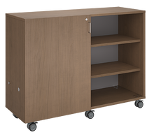 Load image into Gallery viewer, Mobile classroom storage with two columns of cubbies and one column of shelves, customizable laminate finishes, optional doors, and durable casters.