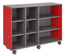 Load image into Gallery viewer, Mobile classroom storage with two columns of cubbies and one column of shelves, customizable laminate finishes, optional doors, and durable casters.