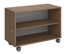Load image into Gallery viewer, Mobile classroom storage featuring a one-column, all-shelf configuration with customizable laminate finishes, optional doors, and durable casters for flexible classroom storage.