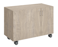 Load image into Gallery viewer, Mobile classroom storage featuring a one-column, all-shelf configuration with customizable laminate finishes, optional doors, and durable casters for flexible classroom storage.