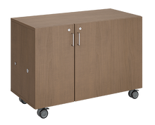 Load image into Gallery viewer, Mobile classroom storage featuring a one-column, all-shelf configuration with customizable laminate finishes, optional doors, and durable casters for flexible classroom storage.