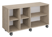 Load image into Gallery viewer, Mobile classroom storage with two columns of cubbies and one column of shelves, customizable laminate finishes, optional doors, and casters for flexible classroom organization.