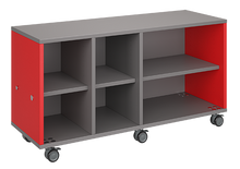 Load image into Gallery viewer, Mobile classroom storage with two columns of cubbies and one column of shelves, customizable laminate finishes, optional doors, and casters for flexible classroom organization.
