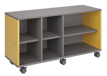Load image into Gallery viewer, Mobile classroom storage with two columns of cubbies and one column of shelves, customizable laminate finishes, optional doors, and casters for flexible classroom organization.